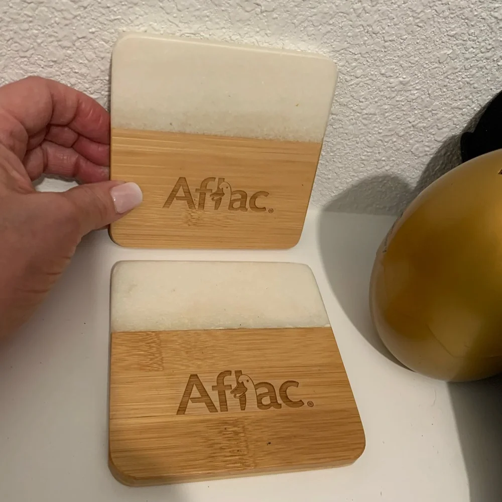 White marble and Tan wood Aflac Coasters